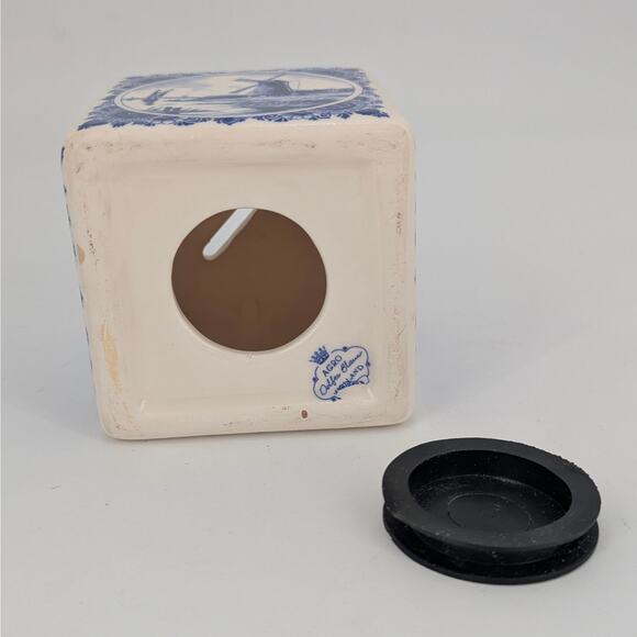 Delft Blue Holland Windmills Cube Bank Ceramic Transferware Coin Storage VTG - Picture 4 of 10